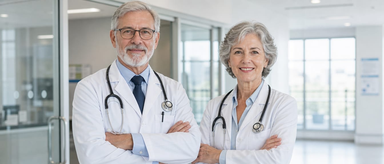 Two senior doctors in white coats
