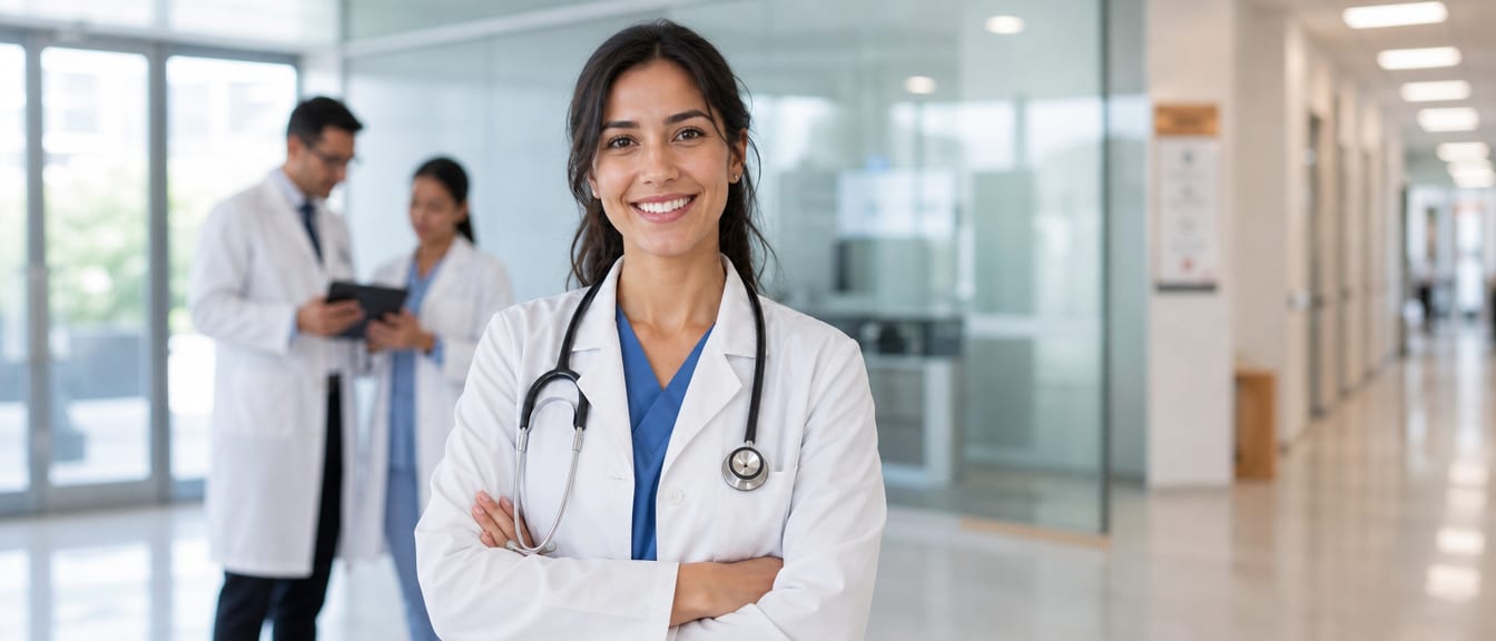 Doctor smiling in a hospital corridor, colleagues behind